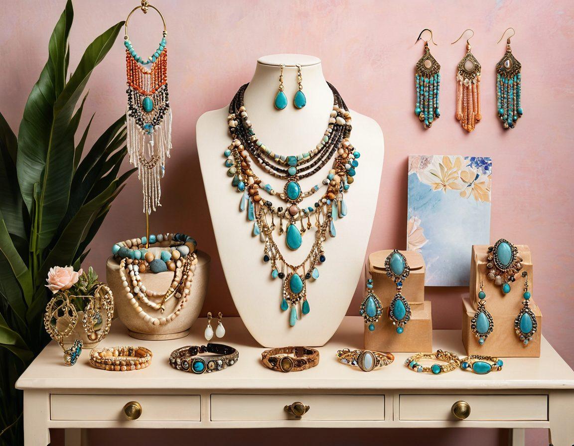A beautifully arranged display of unique accessories, including handcrafted necklaces, stylish bracelets, and chic earrings, set against a soft pastel background. Incorporate elements showcasing diversity in style, like bohemian, vintage, and modern aesthetics. Use warm, inviting lighting to enhance the charm of each piece. super-realistic. vibrant colors. soft background.