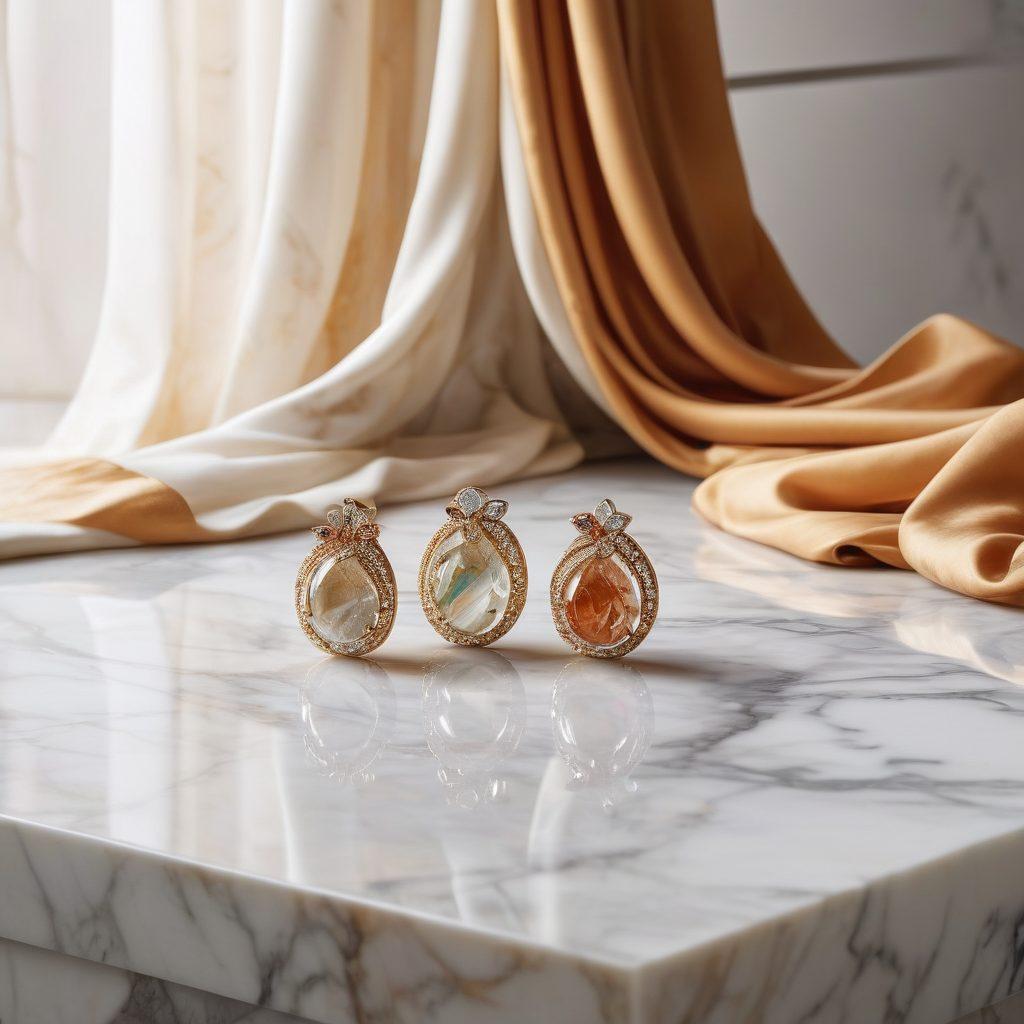 A stunning display of handcrafted jewelry alongside trendy apparel, arranged artistically on a white marble surface. Include sparkling gemstones reflecting light and a flowing fabric that drapes elegantly around the accessories. Capture the essence of luxury with a soft, warm color palette and delicate shadows that enhance the texture of each piece. super-realistic. vibrant colors. elegant background.