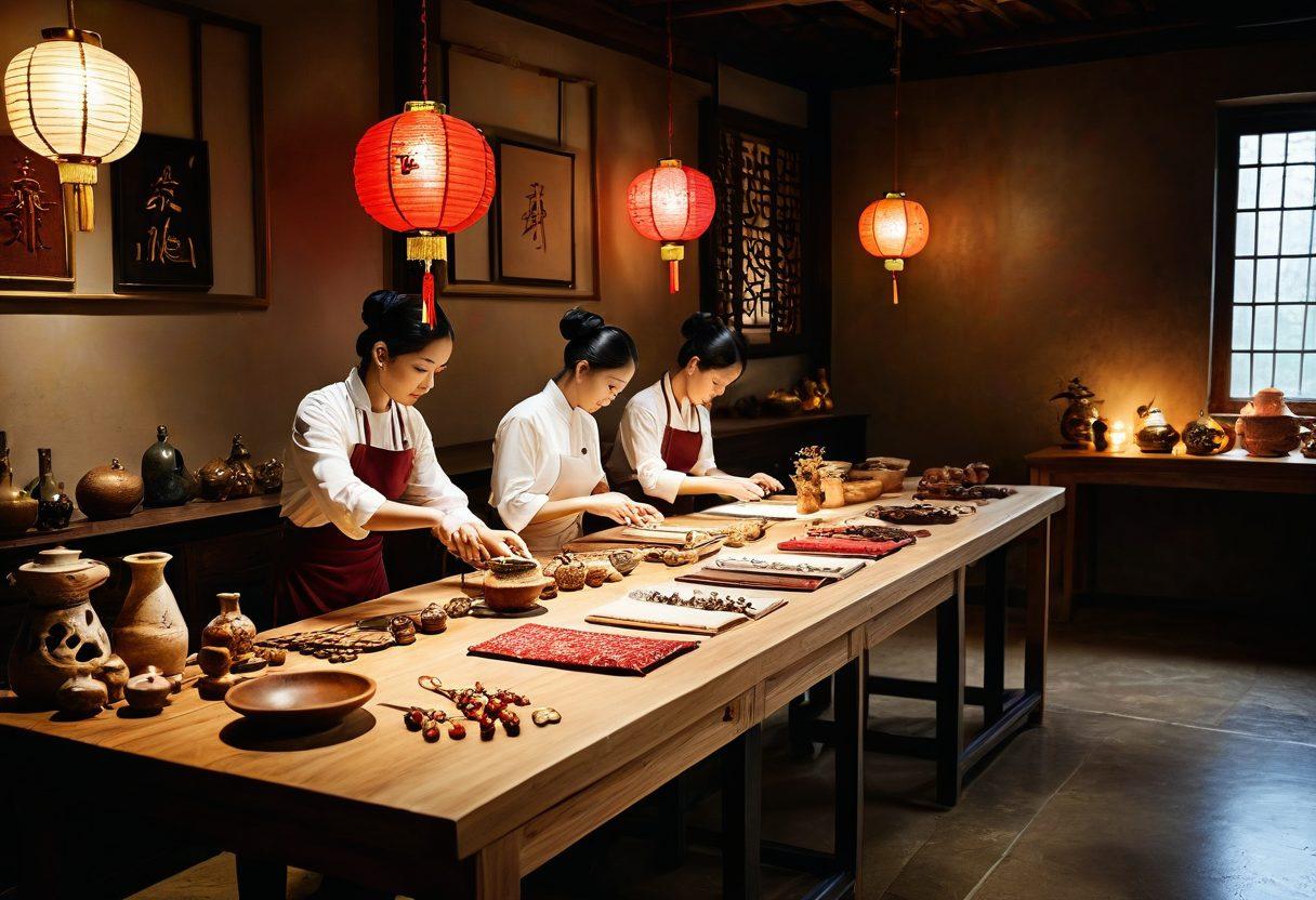 A serene workshop scene showcasing skilled artisans crafting intricate jewelry and stylish wearables from luxurious materials. Vibrant textiles and unique handcrafted gifts elegantly displayed on rustic wooden tables, with hints of traditional Chinese designs. Soft, warm lighting enhances the allure and richness of the products, inviting the viewer into a world of craftsmanship and elegance. super-realistic. vibrant colors. warm tones.